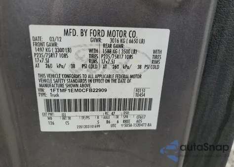 2012 Ford F150 from USA, damaged, VIN 1FTMF1EM0CFB22909